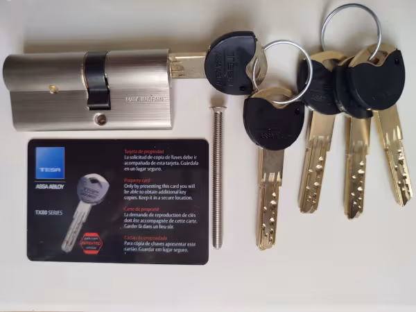 Bombín Tesa de perfil europeo con llave anticopia instalado por cerrajero de Reparhogar